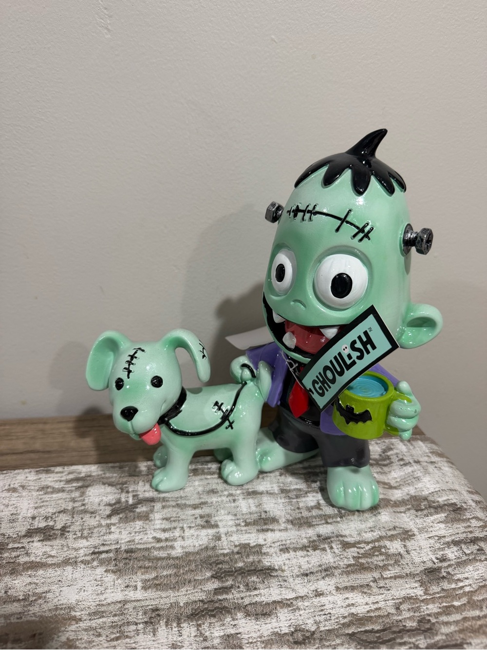 Ghoulish Halloween Frankenstein walking his Dog Holding Coffee NWT